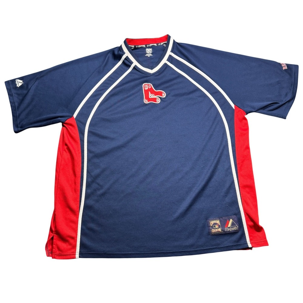 Boston Red Sox Jersey Majestic Mens 2XL Blue MLB Cooperstown Collection Warm Up